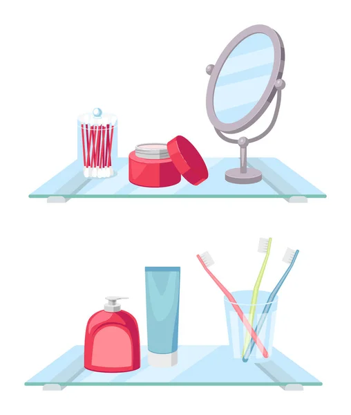 Hylla i badrum för tandborstning och tvättansiktet, vektor illustration, isolerad på vit bakgrund. Badrum, damrum. — Stock vektor