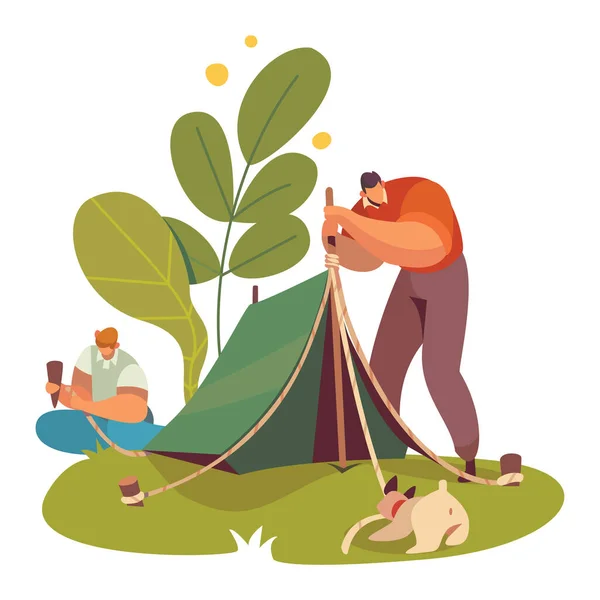 Personaggi maschili allestito tenda nella foresta, viaggi e viaggio vettoriale illustrazione, isolato su sfondo bianco. Alla scoperta del mondo . — Vettoriale Stock