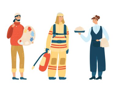 İtfaiyeci, aşçı ve sanatçı konsepti farklı mesleki illüstrasyon, beyaz arka planda izole. Meslek simgesi.