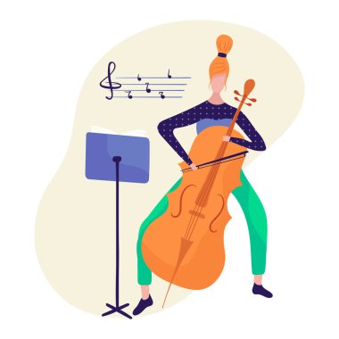Alto çellosu, keman çellosu, bas viyolonseli kız vektör illüstrasyonu çalmayı öğreniyor, beyaz arka planda izole edilmiş. Kadın karakter hobileri.
