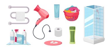 Banyo, çamaşır sepeti, jel, ısıtılmış havlu tırabzanı, yelpaze, duş, vektör çizimi, beyaz arka planda izole edilmiş. Banyo, makyaj odası..