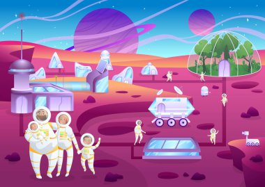 Gezegeni değiştiren astronotların ailesi, uzay kolonileştiren insanlar, vektör illüstrasyonu.