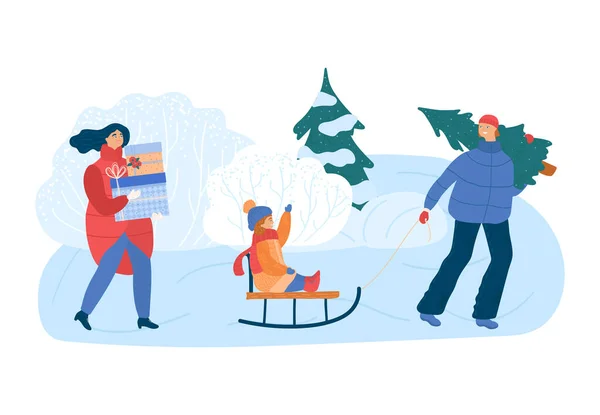 Familie op de winterbaan, kerst concept en vector illustratie, geïsoleerd op witte achtergrond. Winterpark met show en xmax spar. — Stockvector