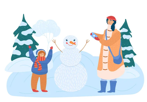 Mor och dotter gör snögubbe, jul tid koncept och vektor illustration, isolerad på vit bakgrund. Karaktärer i vinterparken. — Stock vektor