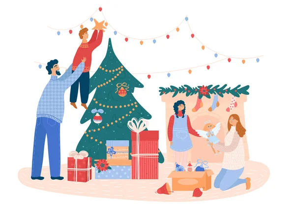 Familjen dekorerar en julgran och öppen spis befor jul, koncept och vektor illustration, isolerad på vit bakgrund. — Stock vektor