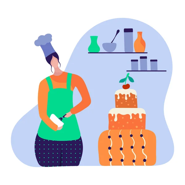 Chef pâtissière qui prépare le gâteau pour le concept de fête et l'illustration vectorielle, isolée sur fond blanc. Femme avec caractère muffin . — Image vectorielle