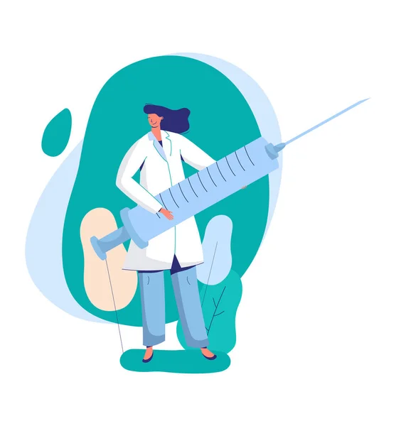 Woman doctor holding syringe with medication, female characters concept and flat vector illustration on white background. — Stock Vector