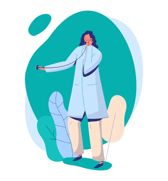 Médecin femme avec stéthoscope, médecine en ligne, concept de personnage féminin et illustration vectorielle plate sur fond blanc . — Image vectorielle