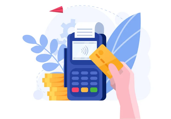 Banca en línea, concepto práctico de pago con tarjeta de crédito e ilustración vectorial sobre fondo blanco. Pago en línea en Internet . — Vector de stock