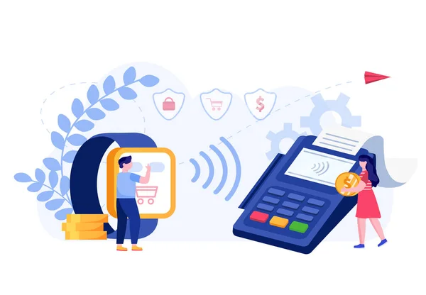 Smartwatch betaling en kaart vergoeding concept en vector illustratie op witte achtergrond. Online betaling via internet. — Stockvector