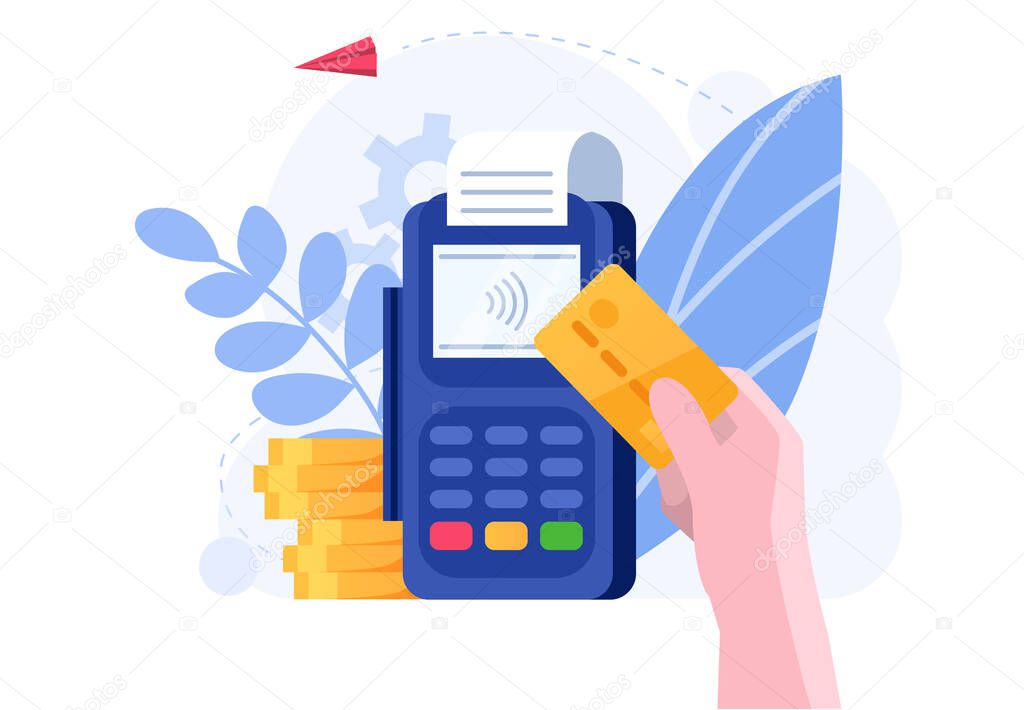 Online banking, handy credit card payment concept and vector illustration on white background. Online payment in Internet.