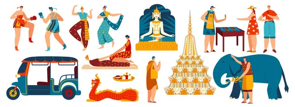 Fő szimbólumok Thaiföld, készlet elszigetelt turisztikai látványosságok és az emberek, vektor illusztráció — Stock Vector