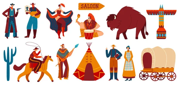 Wilder Westen, Indianer und Cowboys, eine Reihe isolierter Ikonen und Menschen, Vektorillustration — Stockvektor