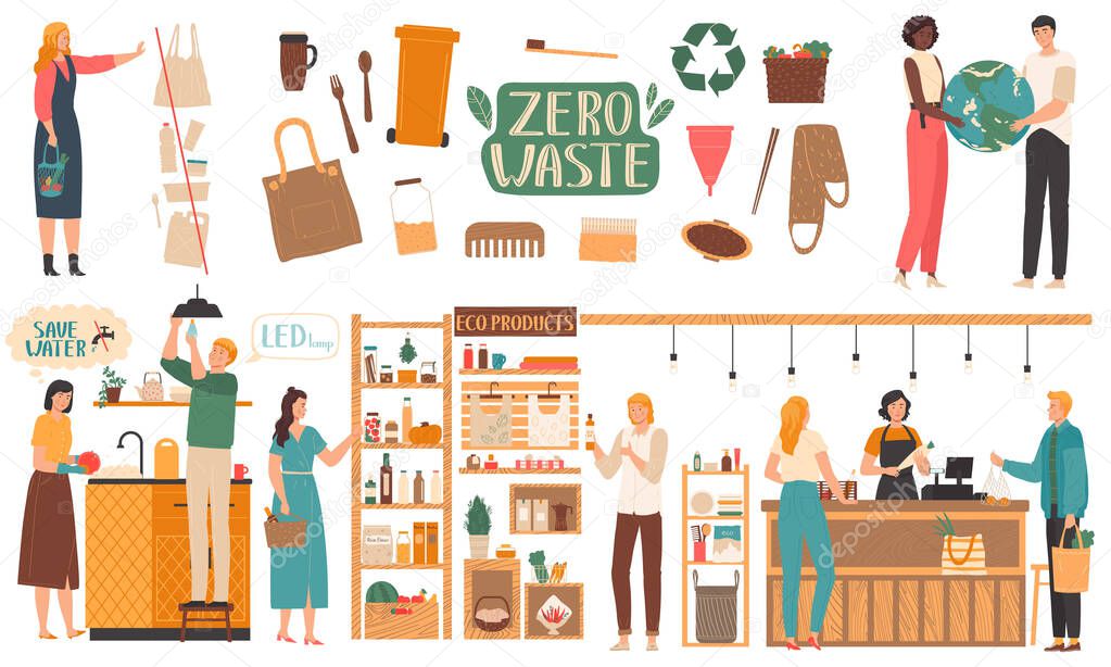 Zero waste lifestyle, environment friendly products, people vector illustration