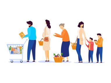 Marketteki insanlar, nakit masasındaki kuyruk, süpermarket müşterileri, vektör illüstrasyonu