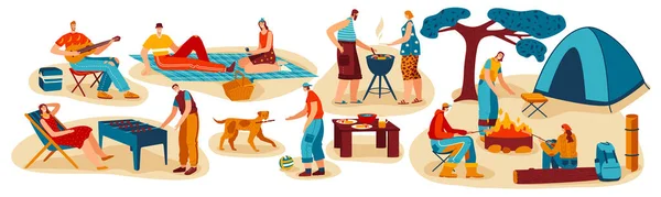 Människor matlagning utomhus, sommar grill picknick och camping med vänner, vektor illustration — Stock vektor