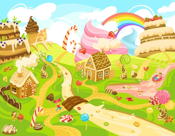 Gyerekek Candy Land, gyerekek fantasy világ édességek, fiúk és lányok rajzfilmfigurák, vektor illusztráció — Stock Vector