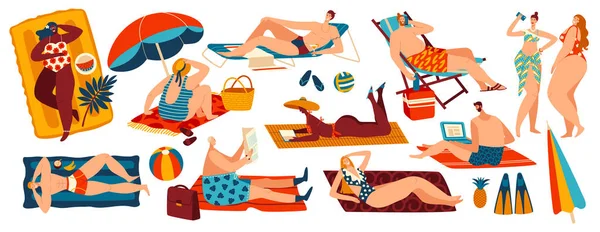Persone che si rilassano sulla spiaggia, serie di personaggi dei cartoni animati positivi al corpo isolati su bianco, illustrazione vettoriale — Vettoriale Stock