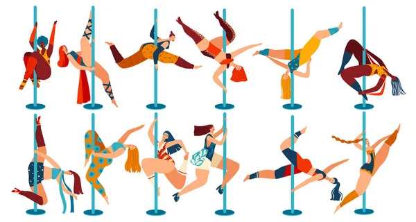 Pole dance people, corpo positivo donne personaggi dei cartoni animati isolati su bianco, illustrazione vettoriale — Vettoriale Stock