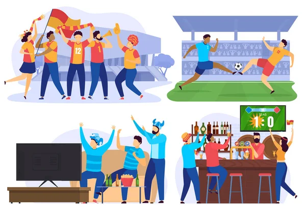 Jogadores de futebol e fãs de futebol torcendo no bar, personagens de desenhos animados de pessoas, ilustração vetorial — Vetor de Stock