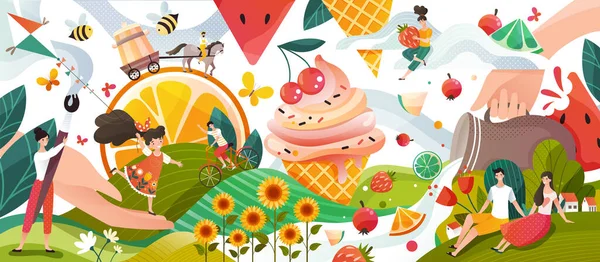 Ricordi estivi, persone felici personaggi dei cartoni animati nel mondo fantasy con frutta e gelato, illustrazione vettoriale — Vettoriale Stock