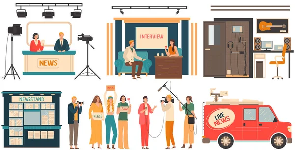 Reporters de nouvelles et interview d'émission de télévision, personnes dans l'industrie des médias, illustration vectorielle — Image vectorielle