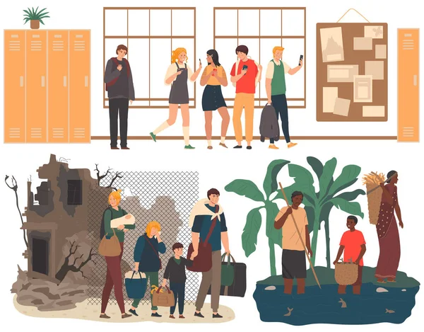 Desigualdad social, refugiados y pobres, huidas familiares de la guerra destruida casa, ilustración vectorial — Archivo Imágenes Vectoriales