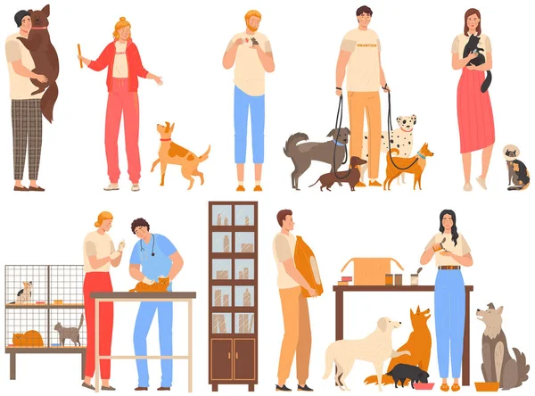 Voluntarios en refugio de animales, personas cuidan de animales, perros y gatos centro de rehabilitación, ilustración vectorial — Archivo Imágenes Vectoriales