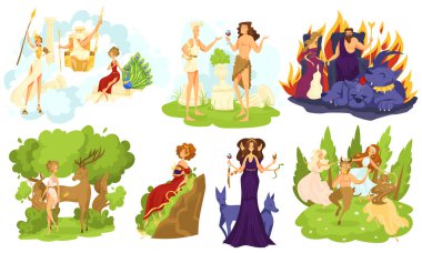 Greek mythology gods and goddesses, set of cartoon characters, vector illustration clipart