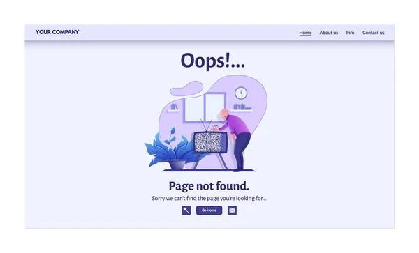 Página não encontrada 404 mensagem de erro para ilustração vetorial website. Alerta de alerta, problema de conexão de rede, página de destino de falha de pesquisa na internet —  Vetores de Stock