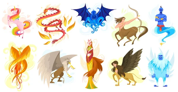Créatures mythiques et animaux de conte de fées, ensemble de personnages de dessins animés isolés, illustration vectorielle — Image vectorielle