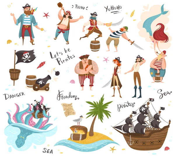 Pirates personnages de dessins animés, ensemble de personnes isolées drôles et des icônes, illustration vectorielle — Image vectorielle