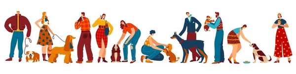 Właściciele psów, ludzie i ich zwierzęta postaci z kreskówek, różne rasy zwierząt domowych, ilustracja wektor — Wektor stockowy
