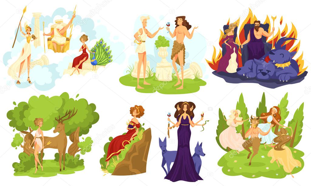 Greek mythology gods and goddesses, set of cartoon characters, vector illustration
