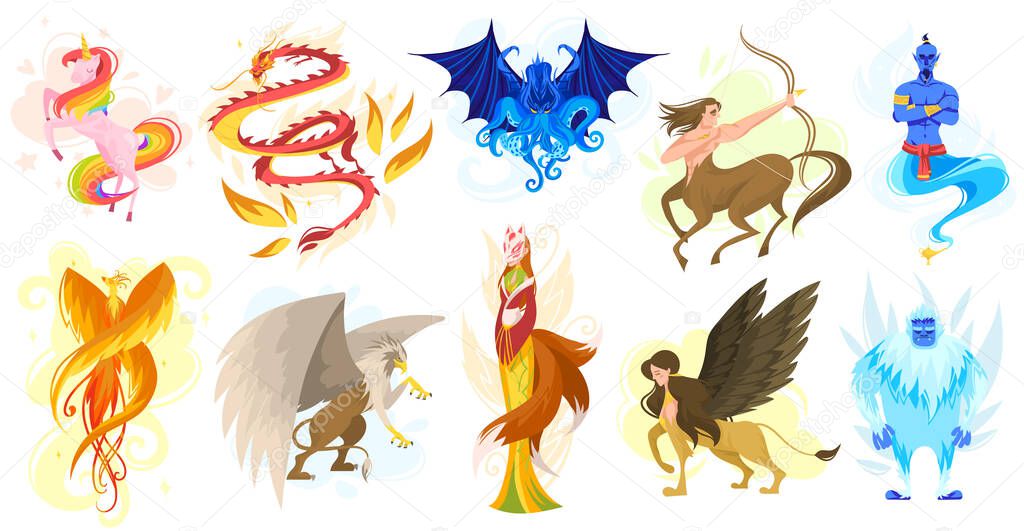 Mythical creatures and fairytale animals, set of isolated cartoon characters, vector illustration