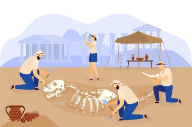 Arkeolojik kazı ekibi dinozor iskeleti, insan vektör illüstrasyonunu keşfetti