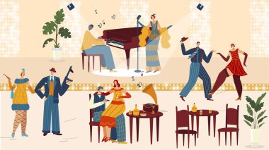 Retro restorandaki insanlar, sanat deco tarzı klasik parti, çizgi film karakterleri dans, vektör illüstrasyonu.