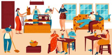 Konforlu kafe insanları, taze ekmek ve kahve ile fırın, pastane servisi, vektör illüstrasyon