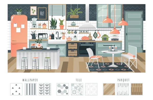 Design de interiores de cozinha com ambiente acolhedor, layout confortável e aparelhos modernos, ilustração vetorial — Vetor de Stock