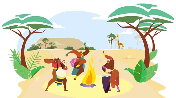African people dance, man and woman cartoon characters performing traditional culture ritual, vector illustration — Stock Vector