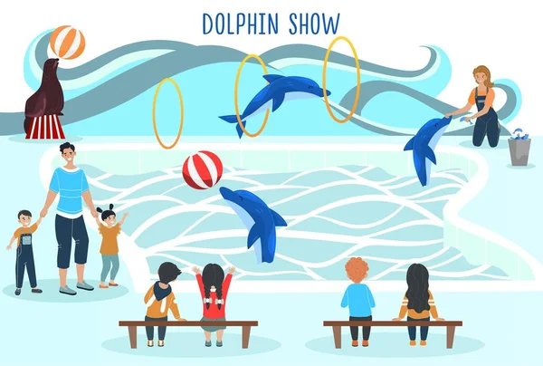 Les gens regardent le spectacle des dauphins, divertissement pour la famille avec enfants, la performance des animaux entraînés, illustration vectorielle — Image vectorielle