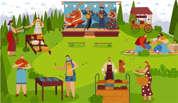 Food festival outdoor, οι άνθρωποι γιορτάζουν παραδοσιακό πολιτιστικό πικνίκ εκδήλωση, διανυσματική απεικόνιση — Διανυσματικό Αρχείο