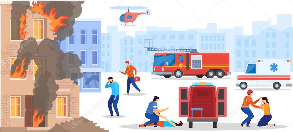 Emergency service rescue people from destroyed burning house, doctor help victim, vector illustration