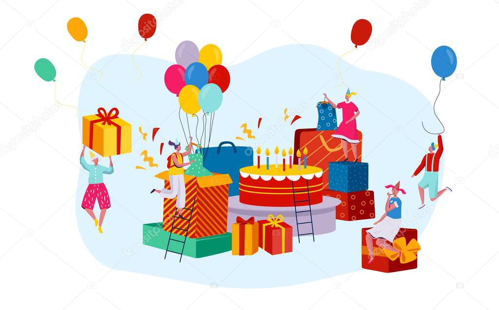 Giant birthday present boxes and tiny people cartoon characters, celebration party concept, vector illustration
