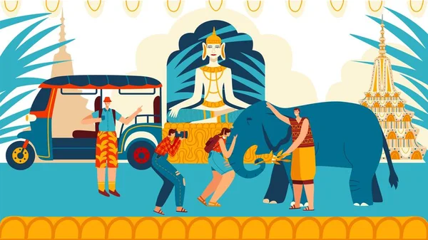 Turistas en la ciudad Tailandia personas arquitectura tradicional, esculturas y elefantes, viajeros caucásicos viajes entretenimiento dibujos animados vector ilustración . — Vector de stock