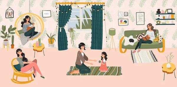 Hygge σπίτι έννοια, οι γυναίκες και τα κορίτσια siiting σε σκανδιναβικό στυλ δωμάτιο ξοδεύουν χρόνο στο άνετο σπίτι επίπεδη διανυσματική απεικόνιση. — Διανυσματικό Αρχείο
