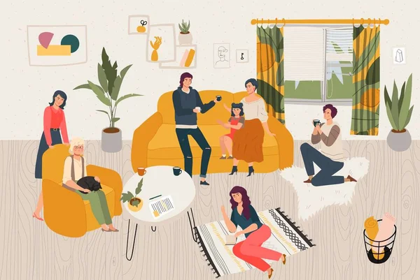 Hygge casa grande famiglia insieme, persone che siedono in camera stile scandinavo trascorrere del tempo a casa accogliente vettoriale piatto illustrazione . — Vettoriale Stock