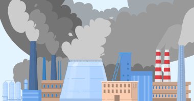 Ağır endüstri doğa kirliliği fabrika boruları ekoloji ve doğa kirliliğinin düz vektör çizimi.