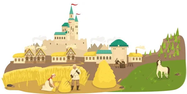Campesinos de la vida medieval que trabajan en el campo, caballo, castillo y edificios europeos antiguos ilustración del vector de dibujos animados paisaje . — Archivo Imágenes Vectoriales