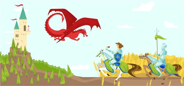 Caballeros con espadas luchan feroz vector de dibujos animados dragón ilustración de criaturas salvajes de fantasía de cuento de hadas con alas en el cielo, castillo . — Archivo Imágenes Vectoriales